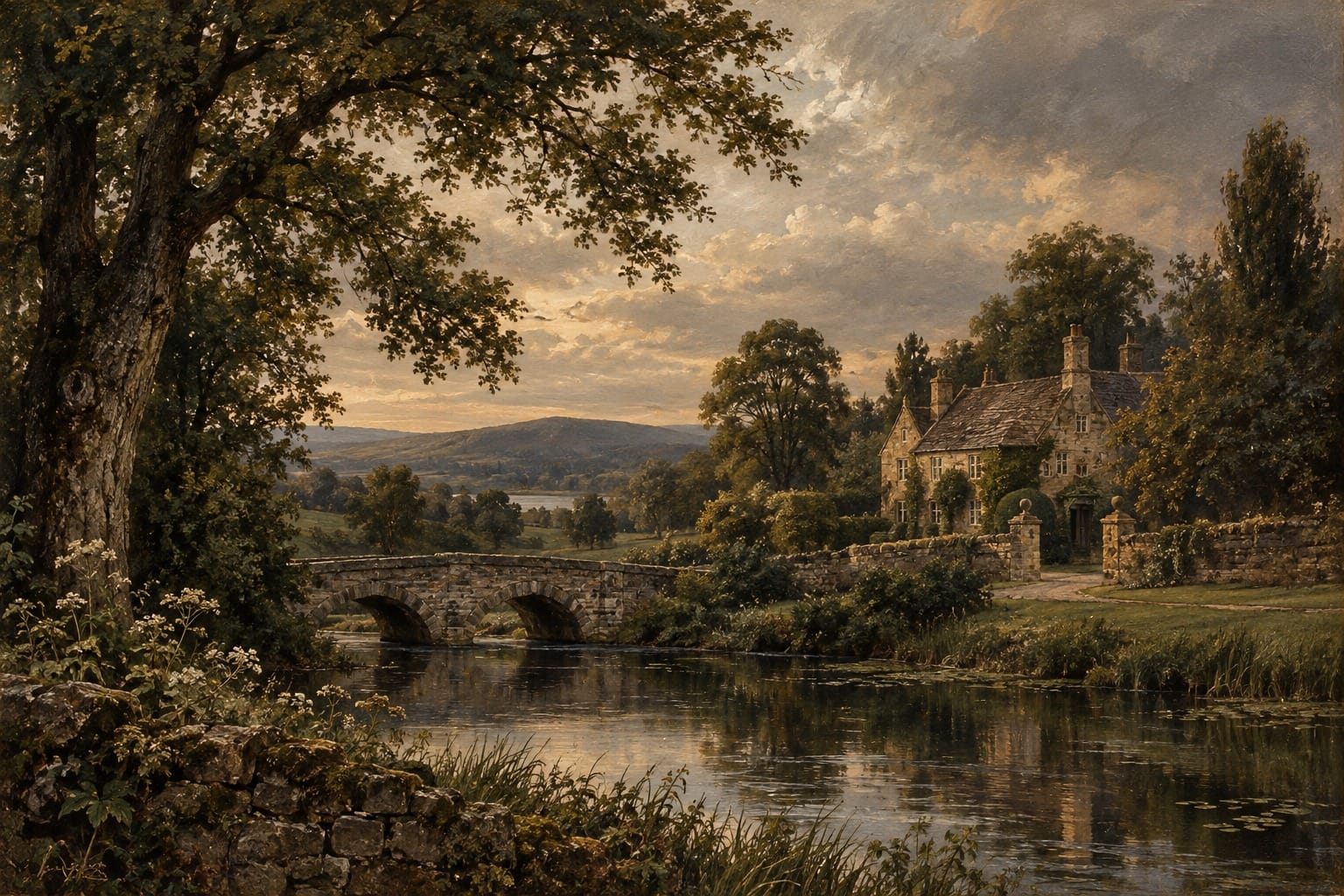 Twilight Estate by the Stone Bridge