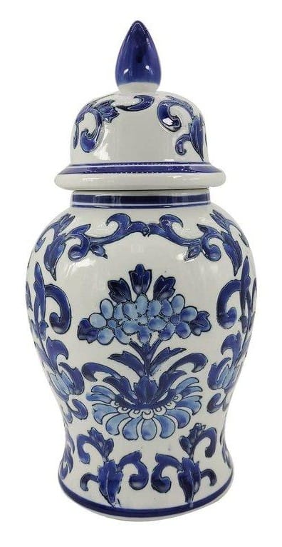 Blue & White Chinoiserie Temple Jar, 14"