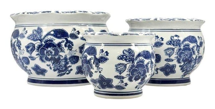 Round Ceramic Chinoiserie Planters, Set of 3 (8"/10"/12")