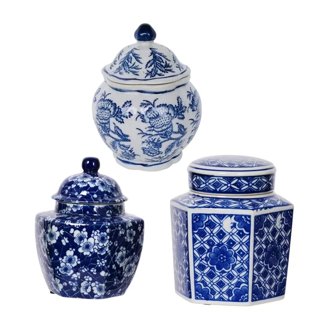 Blue & White Lidded Jars, Set of 3