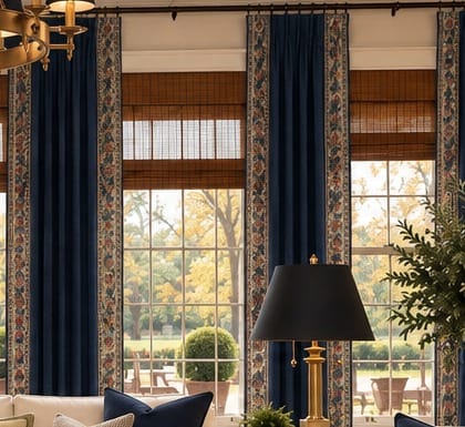 Navy Herringbone Drapery Panels with Antique Garden Border, Pair