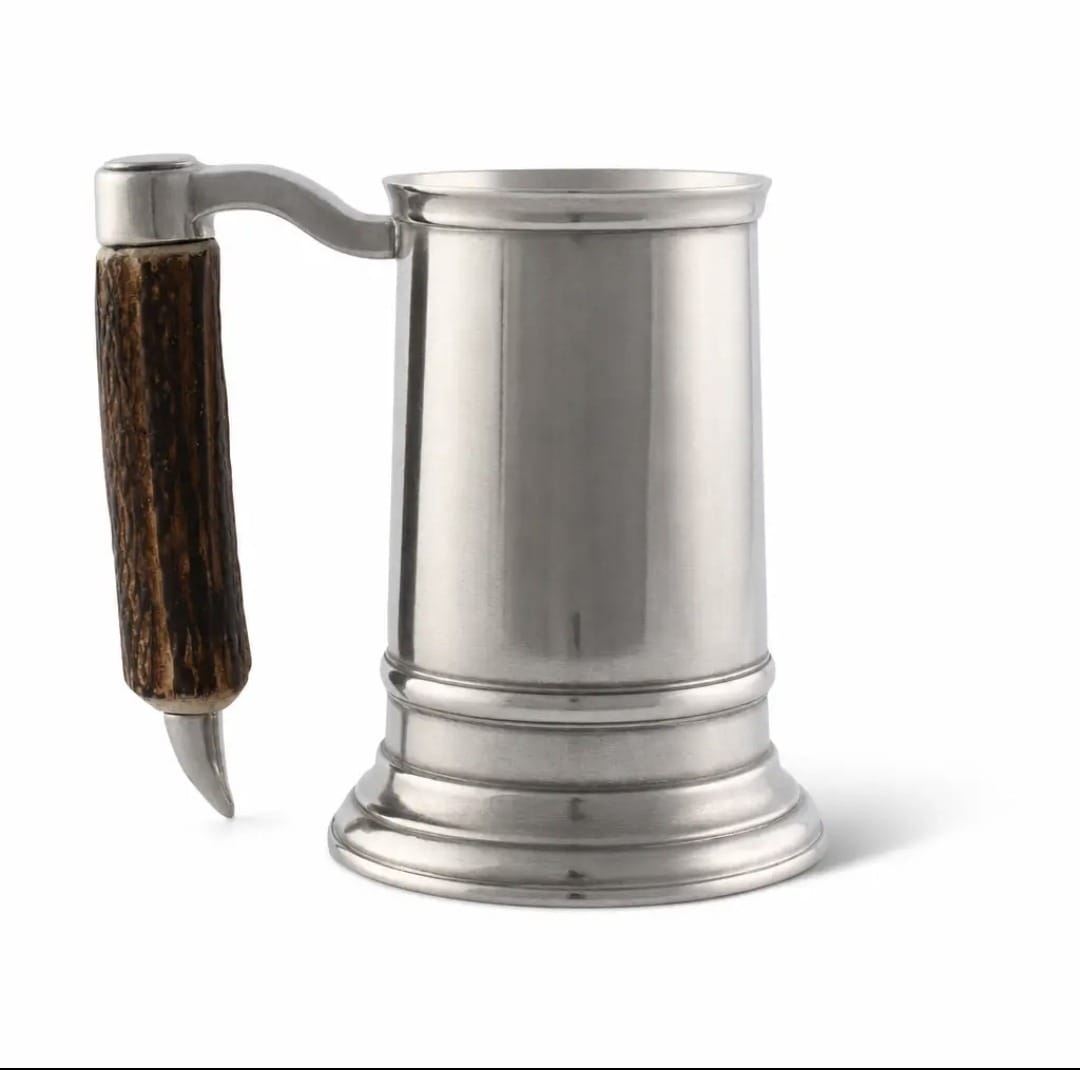 English Pewter Mug, Antler Handle